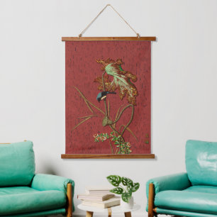G.A. Audsley Vintage Rode Japanse Vogel Lotus Kuns Hangend Wandkleed
