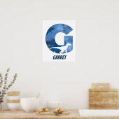 "G" Dinosaur Waterverf Blue Child Name Poster (Keuken)