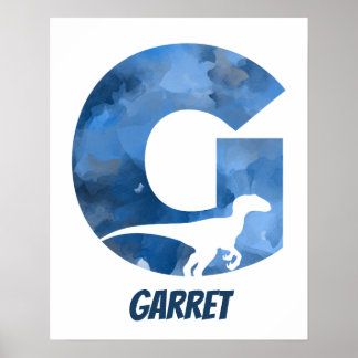 "G" Dinosaur Waterverf Blue Child Name Poster