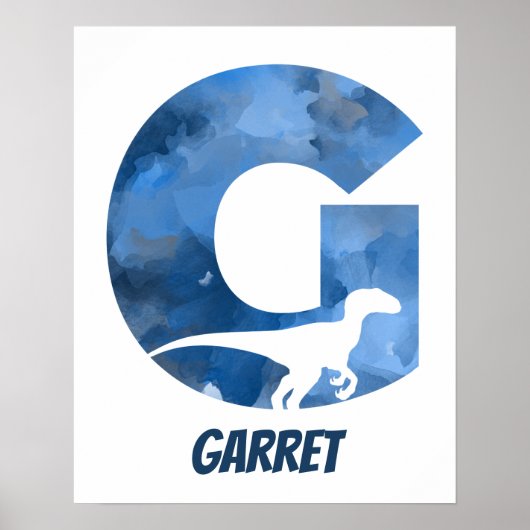 "G" Dinosaur Waterverf Blue Child Name Poster (Voorkant)