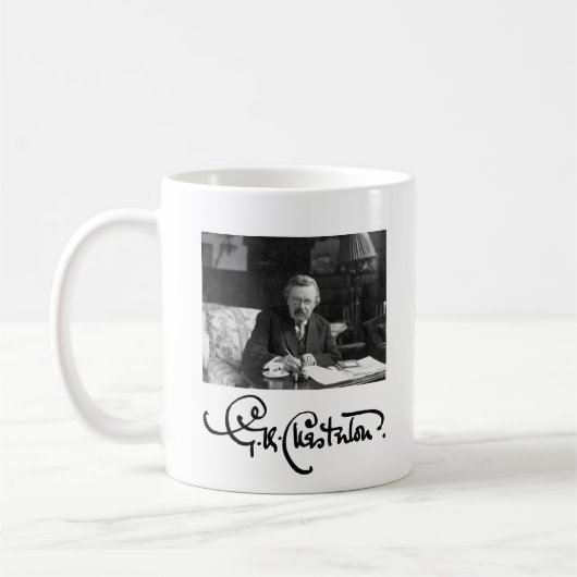 G. K. Chesterton op het werk Koffiemok (Links)
