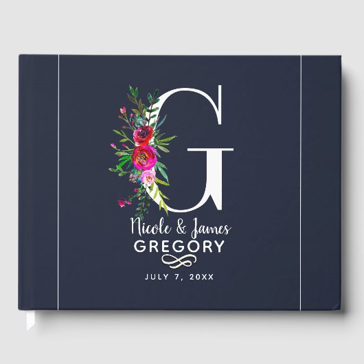 G Letter Initiaal Monogram Bloemen Naam Bruiloft Gastenboek (Voorkant)