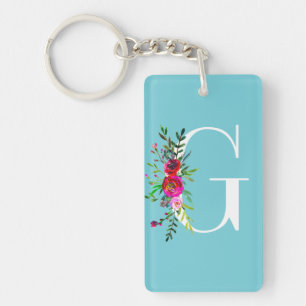 G Letter Initiële Monogram Bloem Kleur op Maat Sleutelhanger