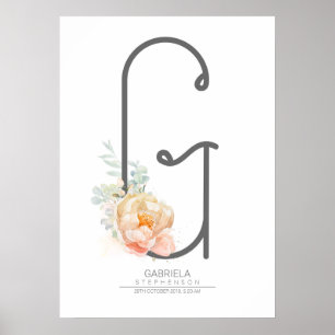 G Letter Monogram Blush Peach Floral Home Decor Poster