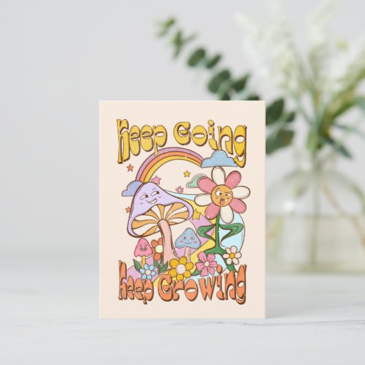 Ga door, blijf groeien | Paddenstoel & Bloemen Briefkaart (Staand voorkant)