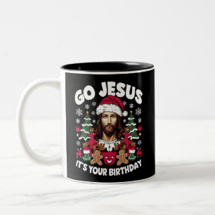 Ga Jezus, het is jouw verjaardag, lelijke kersttru Tweekleurige Koffiemok