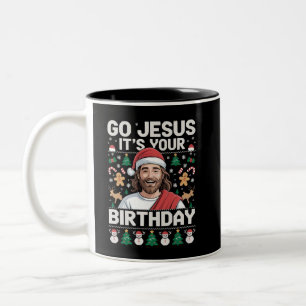 Ga Jezus, het is jouw verjaardag, lelijke kersttru Tweekleurige Koffiemok