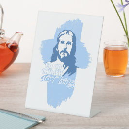 Ga naar de kerk..! Jezus Christus. Christelijke pr Reclamebord Met Voetstuk