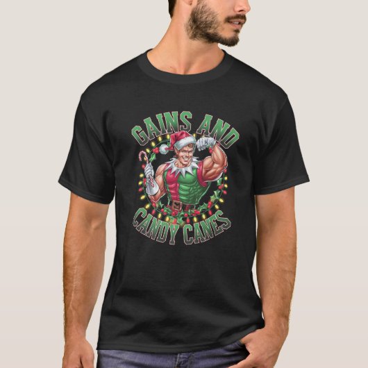 Gains and Candy Canes Funny Christmas Elf Gym Work T-shirt (Voorkant)