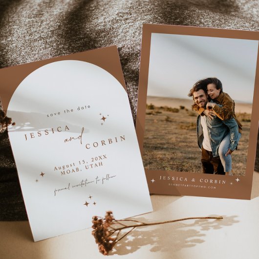 GALA Burnt Oranje Boho Arch Star Save the Date Kaart