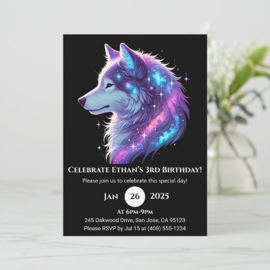 Galactic Glow Wolf Birthday Invitation (Debout devant)