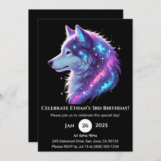 Galactic Glow Wolf Birthday Invitation (Devant / Derrière)