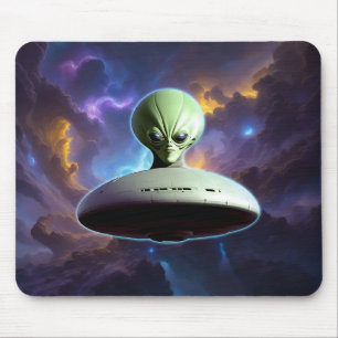 Galactische Ontmoeting: Groene Alien Head UFO Avon Muismat