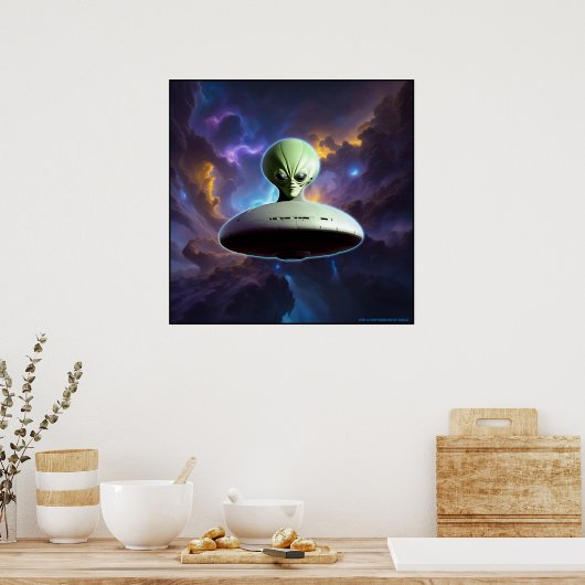 Galactische Ontmoeting: Groene Alien Head UFO Avon Poster (Keuken)