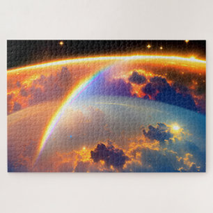 Galactische regenbogen over bewolkte aarde onder k legpuzzel