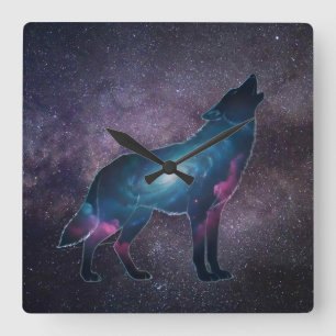 Galactische Silhouet van een Huilende Wolf Vierkante Klok