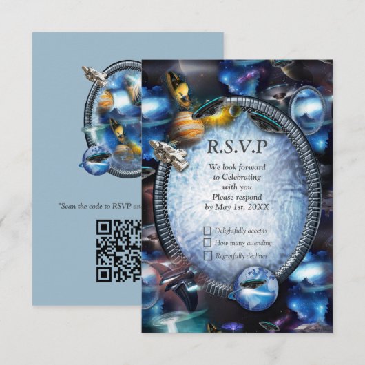 Galaxiale bezoekers in de ruimte RSVP kaartje (Voorkant / Achterkant)