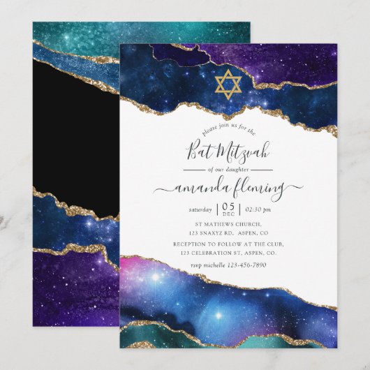 Galaxy Agate Bat Mitzvah Kaart (Voorkant / Achterkant)