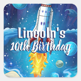 Galaxy Astronaut Space Shuttle Rocketship Verjaard Vierkante Sticker