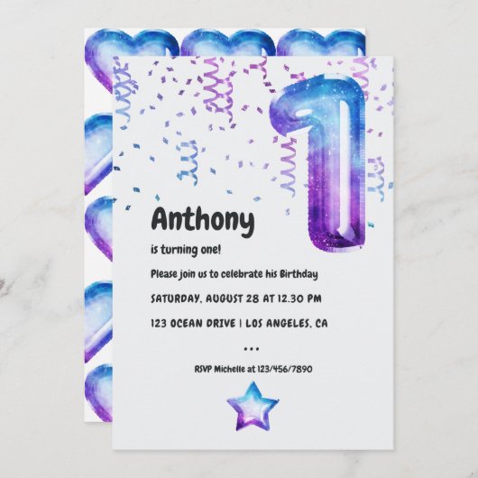 Galaxy Balloon 1er Invitation anniversaire (Devant / Derrière)