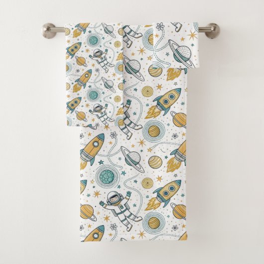 Galaxy Bath Towel Rockets & Planets in Soft Hues (En situation)