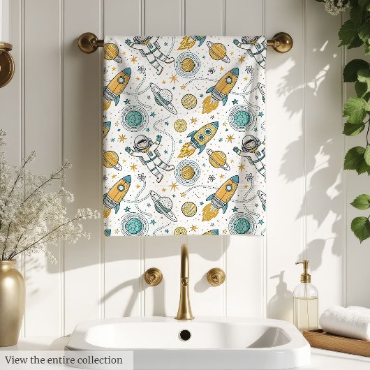 Galaxy Bath Towel Rockets & Planets in Soft Hues