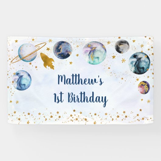 Galaxy Blue Gold Buitenspace Birthday Spandoek (Horizontaal)