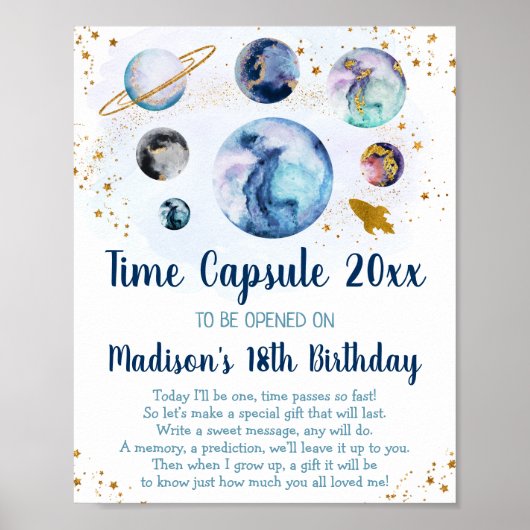 Galaxy Blue Gold Space Time Capsule 1e verjaardag Poster (Voorkant)