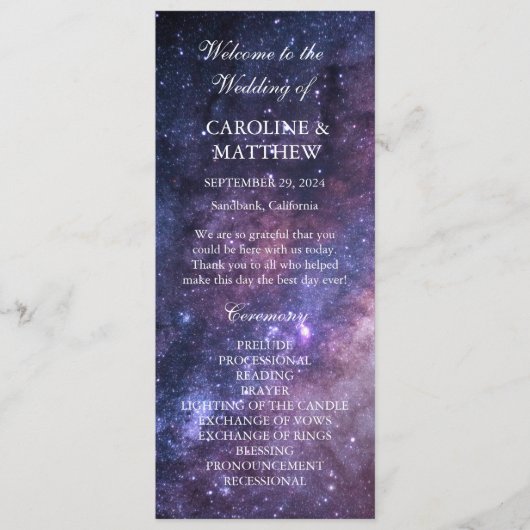 Galaxy Celestial Night Sky Sterren Bruiloft Programma (Voorkant)