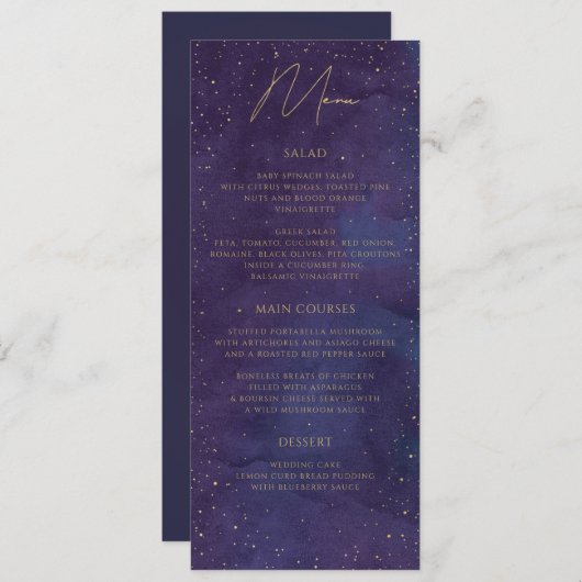 Galaxy Celestial Sterrennacht Paarse gouden bruilo Menu (Voorkant / Achterkant)