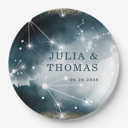 Galaxy Custom Blauw Goud Sterren Bruiloft Papieren Bordje (Voorkant)