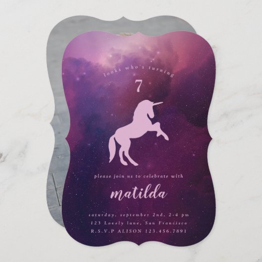 Galaxy eenhoorn foto feest uitnodiging (Voorkant / Achterkant)