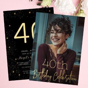 Galaxy Elegante foto Zwart Goud Verjaardagsfeestje Folie Uitnodiging