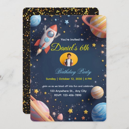 Galaxy Explorers Kids Verjaardag Uitnodiging 🚀🌌 (Voorkant / Achterkant)