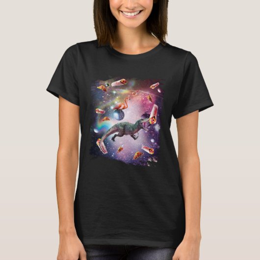 Galaxy Flamingo Riding Dinosaur In Space Rainbow T-shirt (Voorkant)