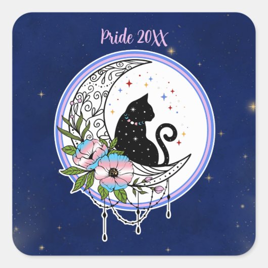 Galaxy Kat en Bloemen in Transgender Vlag Kleuren Vierkante Sticker (Voorkant)