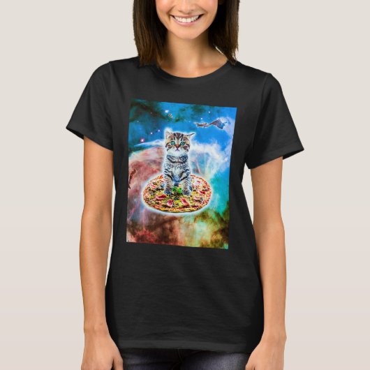 Galaxy Kitty Cat Riding Pizza In Space T-shirt (Voorkant)