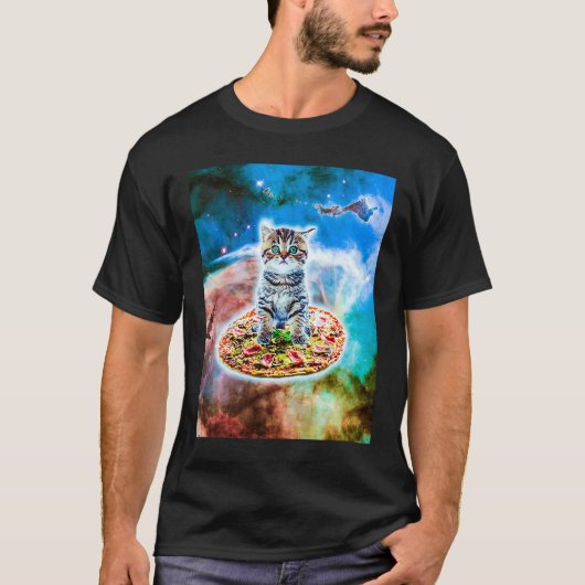 Galaxy Kitty Cat Riding Pizza In Space T-shirt (Voorkant)