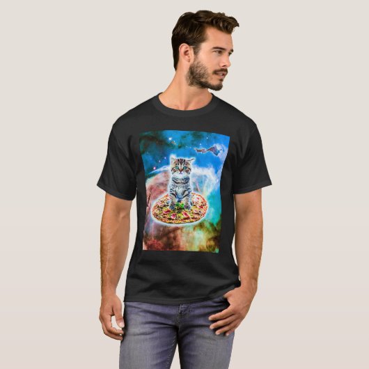 Galaxy Kitty Cat Riding Pizza In Space T-shirt (Voorkant volledig)