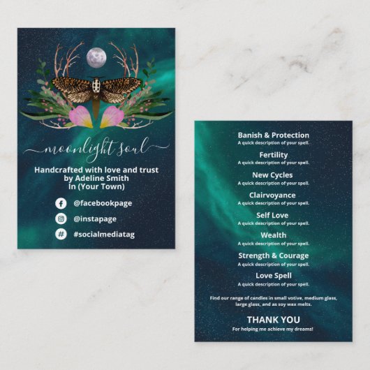 Galaxy Moon Moth Spell Jar Kit Visitekaartje (Voorkant / Achterkant)