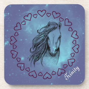 Galaxy Paard & Hartjes met Optionele Naam Bier Onderzetter