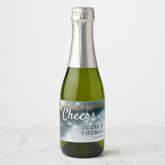 Galaxy Personalized Blue Gold Stars Wedding Sparkling Wijnetiket (Voorkant)