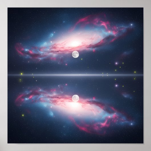 Galaxy Reflection Under Moonlit Cosmic Sky Poster (Voorkant)