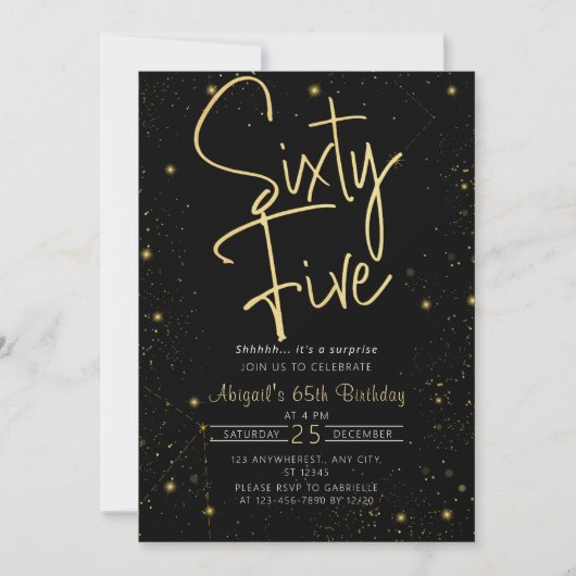 Galaxy Script Zwart en Goud 65e Verjaardagsfeestje Kaart (Voorkant)