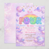 Galaxy Space Rainbow 4th Birthday Party Kaart (Voorkant / Achterkant)