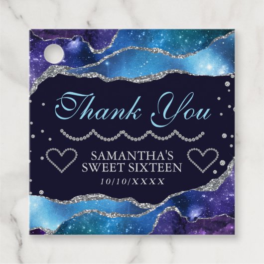 Galaxy starry Silver Glitter Agate Sweet 16 Bedankjes Labels (Voorkant)