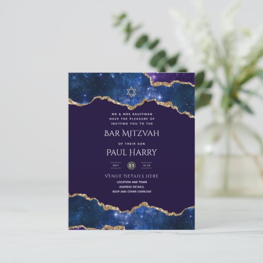 Galaxy Sterrennacht BAR MITZVAH Invitations Navy (Staand voorkant)