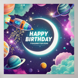 Galaxy-thema gelukkige verjaardag halve maan, ster poster