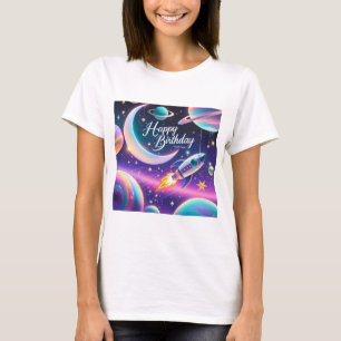 Galaxy-thema gelukkige verjaardag halve maan, ster t-shirt
