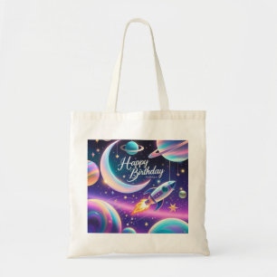 Galaxy-thema gelukkige verjaardag halve maan, ster tote bag